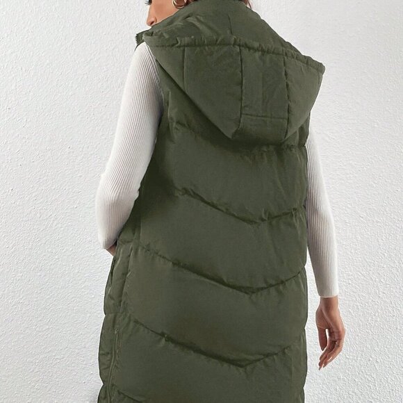Army Green Casual Women's Zip Up Slant Pocket Sleeveless Hooded Padded Coat - Picture 3 of 4